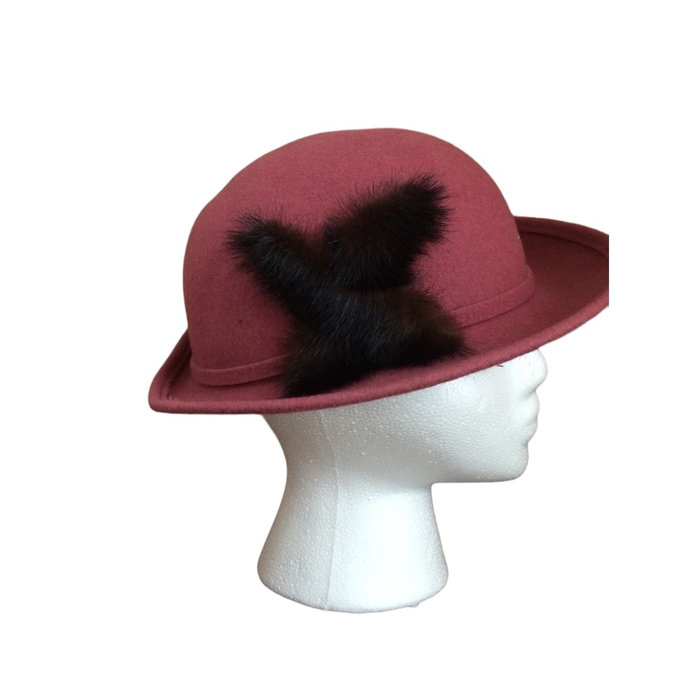 Lancaster Pink Wool Felt Hat Made in USA Faux Fur Accent Vintage Style Cloche - Picture 2 of 7
